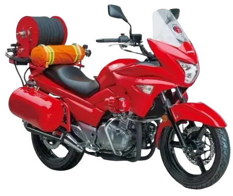 Moto rouge d’intervention incendie équipée d’un dévidoir à l’arrière.